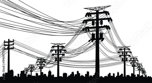 Black and white silhouette illustration of urban utility poles, electrical power lines, city skyline infrastructure, energy distribution network, metropolitan electricity system artwork