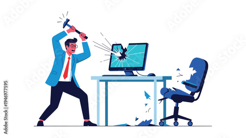 Angry businessman in a blue suit smashing a computer monitor with a hammer at his desk in a fit of workplace rage.
