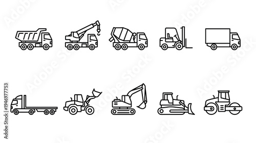 A set of clean line art icons representing various construction vehicles and trucks used in industry and transportation.