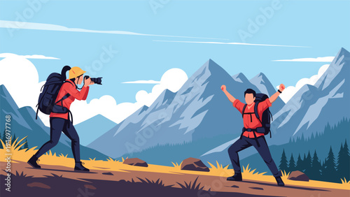 Two hikers with backpacks celebrating reaching a mountain summit while one takes a photo of the scenic alpine landscape.