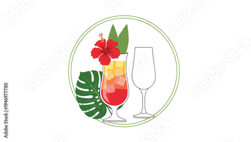 Refreshing tropical cocktail in a glass decorated with a red hibiscus flower and a green monstera palm leaf in a circle.