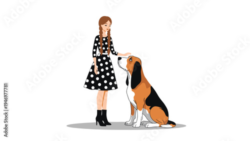 Young woman in a stylish black and white polka dot dress gently petting her loyal beagle dog while standing together.
