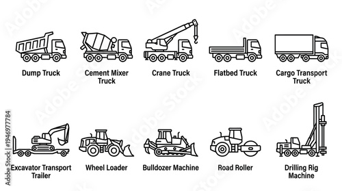 A clean and simple line art icon set featuring various construction vehicles like dump trucks, cement mixers, cranes, excavators, and road rollers for industry and transport concepts.