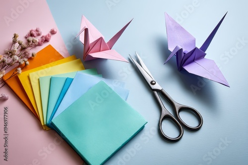 Colorful Origami Creations with Scissors and Paper on Tabletop