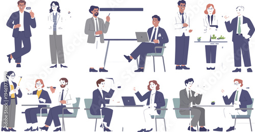 Business professionals collaborate and interact in office setting with laptops and papers