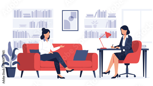 Professional female therapist taking notes during a consultation with a woman sitting on a red sofa in a comfortable office.