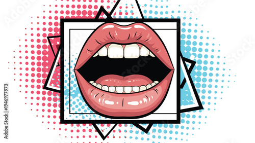 Close-up illustration of a wide open mouth shouting or screaming in a vibrant pop art style with halftone dots and geometric shapes.