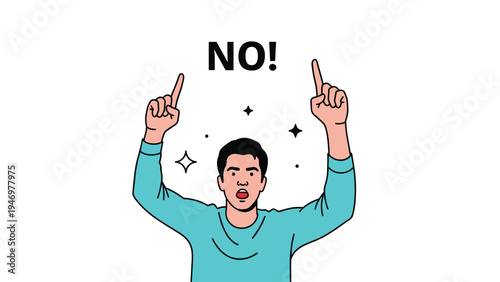 Young man looking surprised and raising his fingers to say NO while surrounded by sparkling decorative elements.