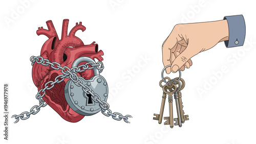 Conceptual illustration of an anatomical heart bound by chains and a lock while a hand offers a set of vintage keys.
