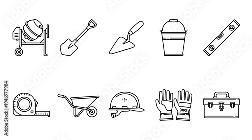 A collection of line art icons representing various construction tools, including a cement mixer, shovel, trowel, bucket, level, tape measure, wheelbarrow, hard hat, gloves, and toolbox.
