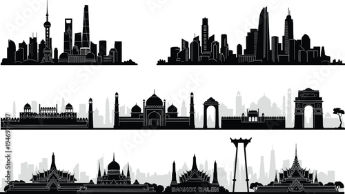 Collection of Detailed Black Landmark Silhouettes Including Famous City Skylines Monuments and Historical Buildings Isolated on White Background for Global Travel and Tourism Design