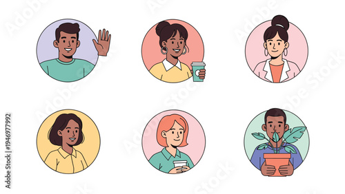 Diverse collection of people portraits in circles showing men and women with different styles, drinks, and a houseplant.