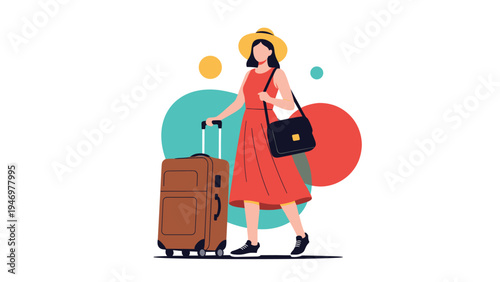 Stylish woman in a red dress and sun hat traveling with a brown suitcase and a shoulder bag against a colorful background.