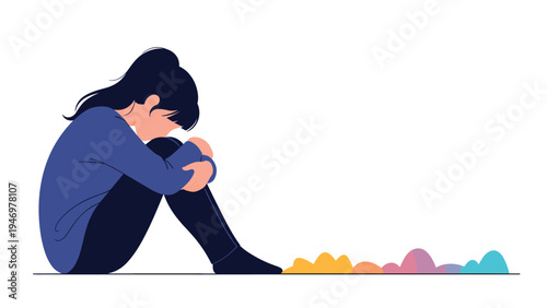 Lonely woman sitting on the floor with her head down feeling depressed or sad against a simple white background with colorful elements.