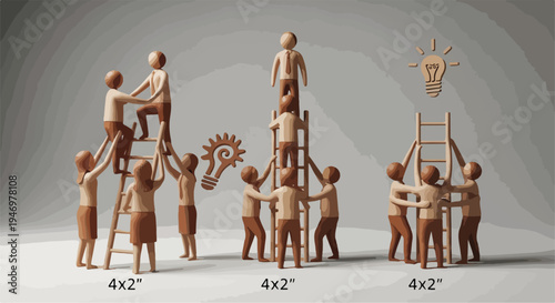 Teamwork concept with wooden figures climbing ladders to reach lightbulb ideas, symbolizing collaboration, success, and innovation