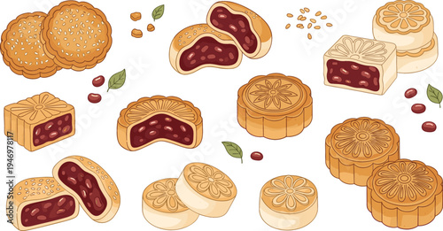 Traditional mooncake desserts collection with red bean filling sesame seeds and decorative patterns Asian pastry sweets flat vector illustration
