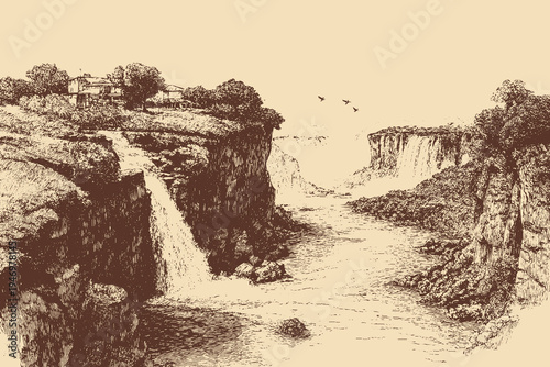 Iguazu Falls, Brazil illustration in a vintage style. This vector illustration can be used in any size you like for advertising, logos, and other work.
