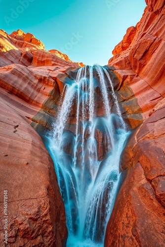 Waterfall cascading down red rock formations in a vibrant landscape in warm golden hour light