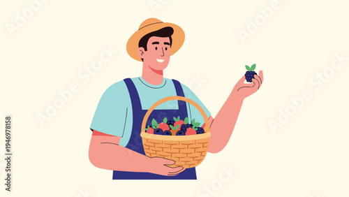 Happy male farmer wearing a straw hat and overalls holding a basket full of fresh strawberries and blackberries for harvest.
