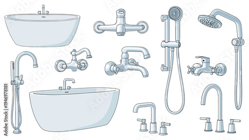 Large collection of modern silver bathroom fixtures including various faucets showerheads and two white oval freestanding bathtubs.
