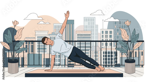 Fit man practicing a side plank yoga pose on a balcony overlooking a modern city skyline with tall buildings and skyscrapers.