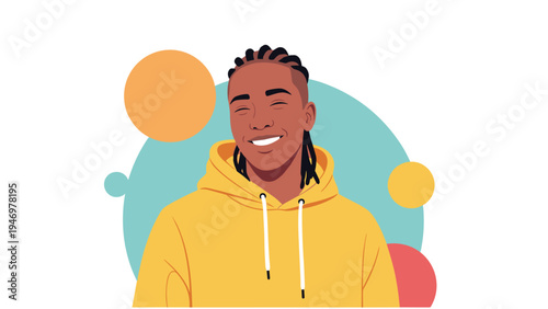 Portrait of a happy young black man with braided hair wearing a yellow hoodie smiling against a colorful circular background.