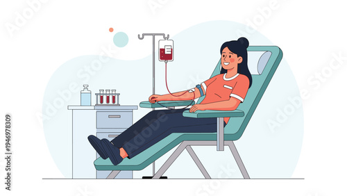 Smiling young woman sitting in a comfortable chair while donating blood at a medical clinic or blood donation center.