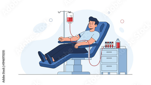 Young man donating blood while sitting in a blue medical chair with blood bags and laboratory equipment in the background.