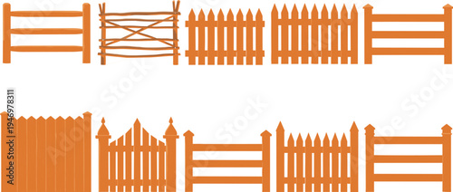 Set of brown wooden fence icons and rustic garden gate illustrations isolated on white background for backyard landscaping, farm boundaries, and home exterior design