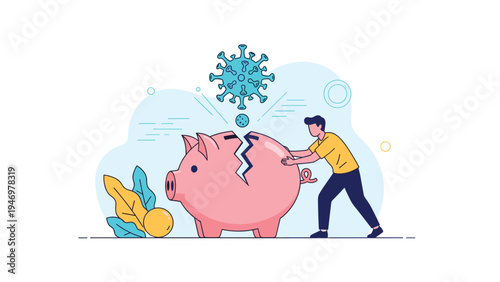 Man breaking a large pink piggy bank that contains a coronavirus molecule representing economic crisis and financial loss.