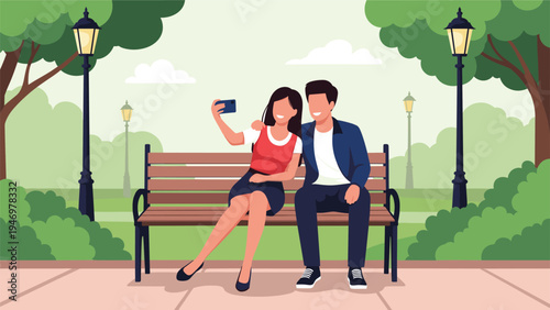 Happy young couple sitting on a wooden park bench taking a selfie with a smartphone in a beautiful sunny park environment.