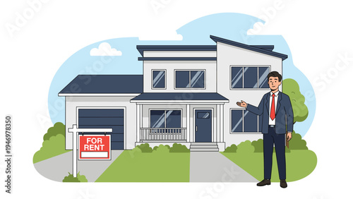 Real estate agent in a suit standing in front of a modern two story house with a for rent sign on the lawn.