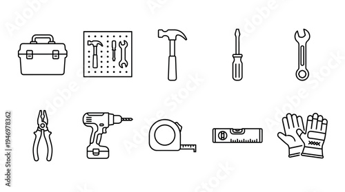 A clean line art illustration featuring a collection of essential construction and DIY tools, including a toolbox, hammer, screwdriver, wrench, pliers, drill, tape measure, level, and gloves.