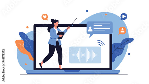 Female educator teaching a lesson through a laptop screen with audio waves and speech bubbles for online learning.