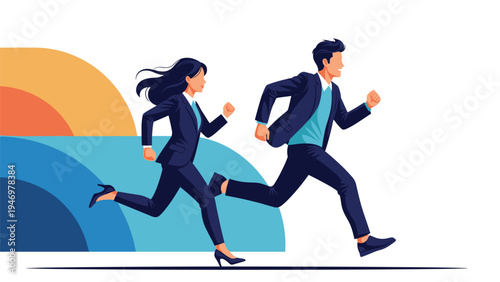 Professional man and woman in business suits running towards a goal representing competition career growth and success.