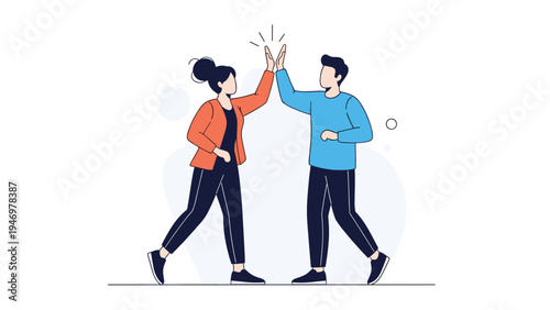 Excited man and woman celebrating success by giving each other a high five against a simple white and blue background.