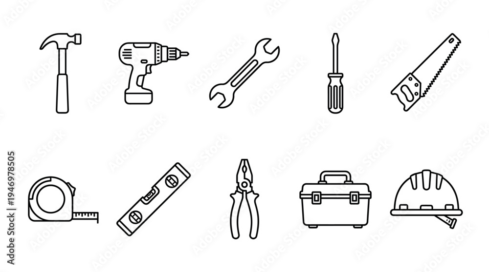 Obraz premium A collection of black line art icons depicting various construction tools on a white background, suitable for design projects.