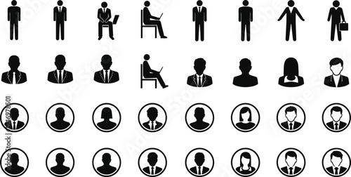 Set of business people icons and user profile avatars isolated on white background for corporate team management, professional human resources, and website interface design