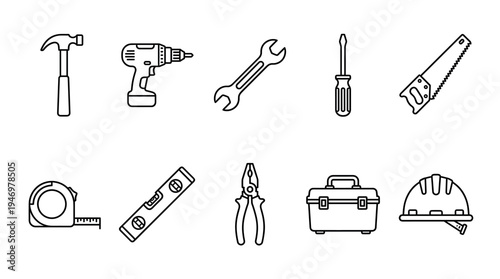 A collection of black line art icons depicting various construction tools on a white background, suitable for design projects.