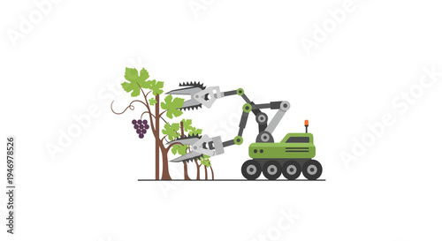 Green excavator machine lifting grapes.