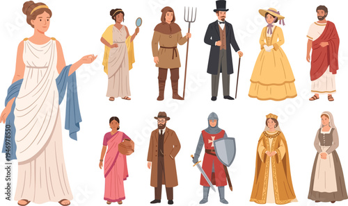 Historical People Characters Set Different Time Periods Vector Illustration