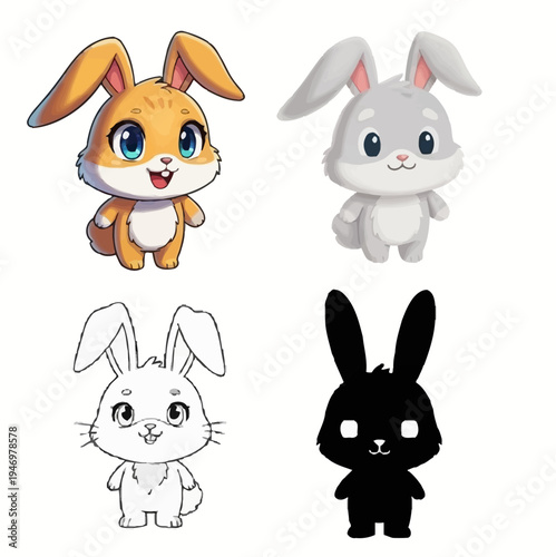 Set of four cute cartoon rabbit illustrations, including a colorful and outlined version, and a black silhouette