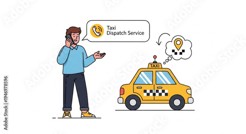 Man Talking on Phone Next to Taxi.