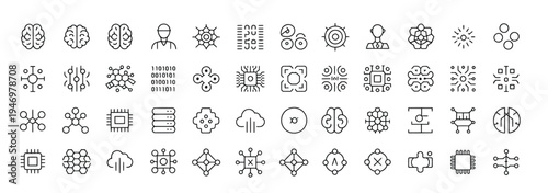 Diverse AI icons including brains, circuits, binary code, and cloud computing