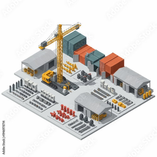 Isometric Construction Site with Crane, Warehouses, and Building Materials.