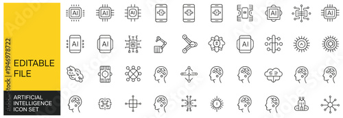 Artificial intelligence icons featuring brains, processors, and network nodes