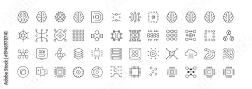 AI technology icons: brains, processors, data layers, and network nodes