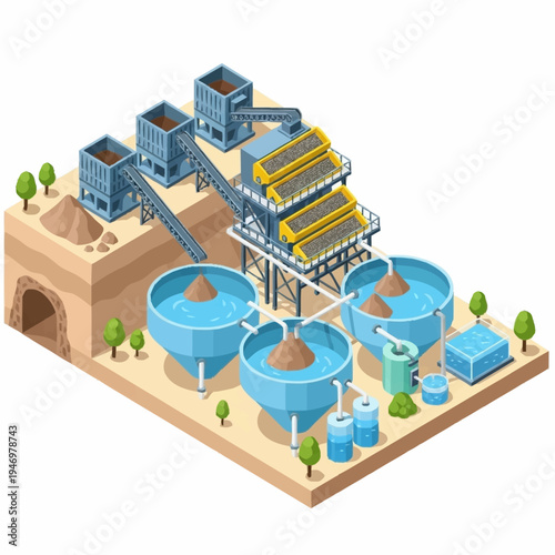 Isometric Gold Mining and Processing Plant with Underground Mine Entrance.