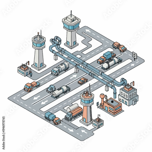 Isometric illustration of a complex industrial transportation network with roads, pipelines, and control towers.
