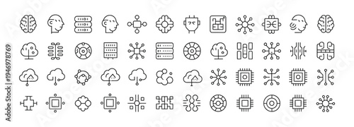 Set of AI and technology icons, including brains, circuits, and data servers.